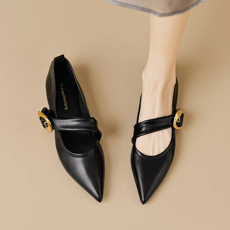 

Women's flat pointed-toe French-style strap pumps, large size women's shoes