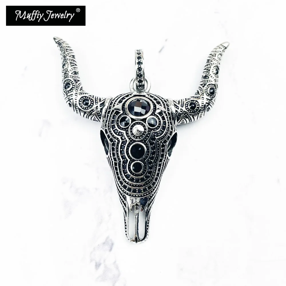 Pendan Bull Buffalo Skull Black Onyx 925 Sterling Silver Rebel Fine Jewerly Accessories Fit Necklace Ethnic Gift For Man Woman