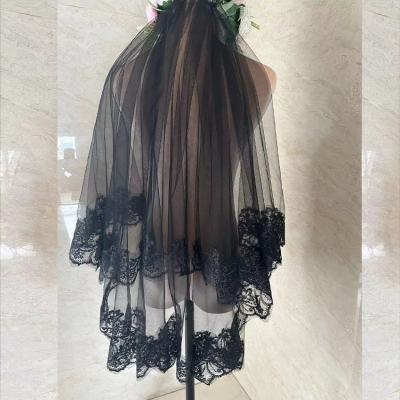 Stock New Black Party Veils Lace Edge Shoulder Length Halloween Prom Occasion Women Veils Wedding Accessories