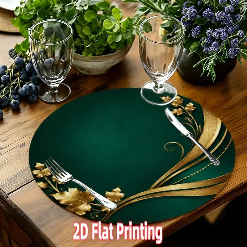 VIKAMA Christmas Placemat Green Gold Floral Pattern Placemats Set Linen Table Mat Dining Kitchen Holiday Party Decor