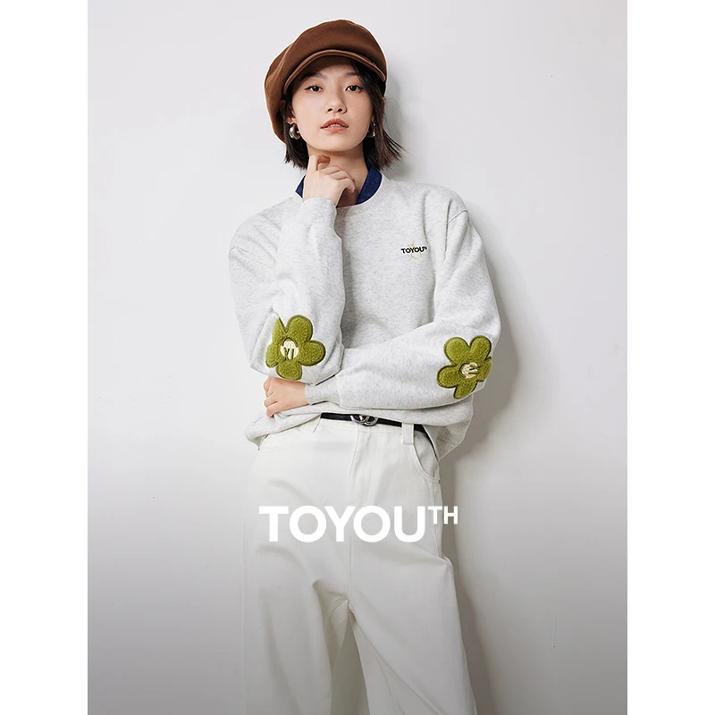 TOYOUTH Women Hoodie 2024 Autumn New Flower Patchwork Sleeve Round Neck Casual Pullover Sweatshirt Tops