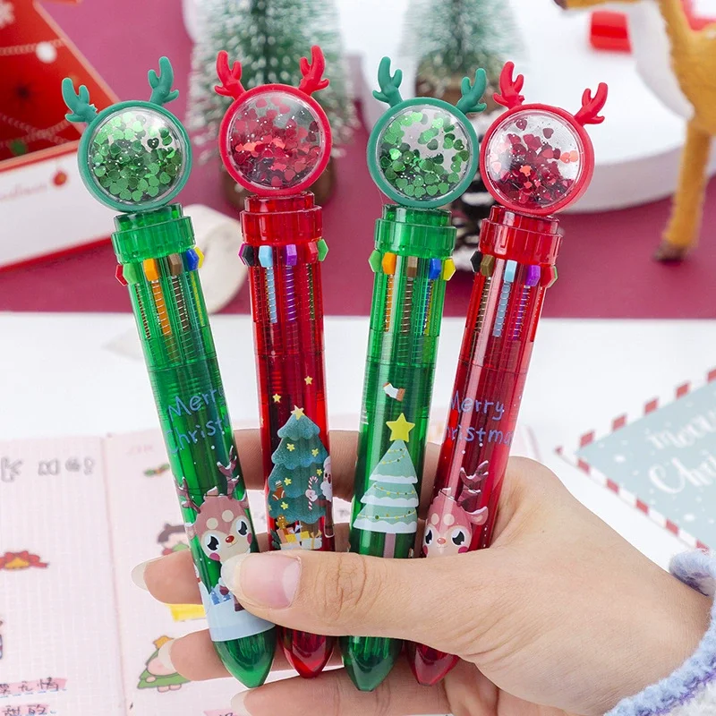 

4Pcs/Lot Cute Christmas Sequin 10 Color Ballpoint Pen Cartoon Christmas Elk Santa Claus Multi-Color Pens School Stationery Gift