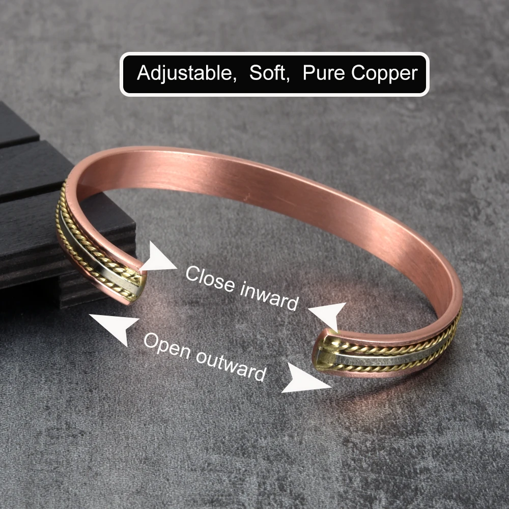 Vinterly Pure Copper Bracelet Magnetic 8.3mm Twisted Adjustable Health Energy Magnets Metal Bangles Resizable Cuff Jewelry Women