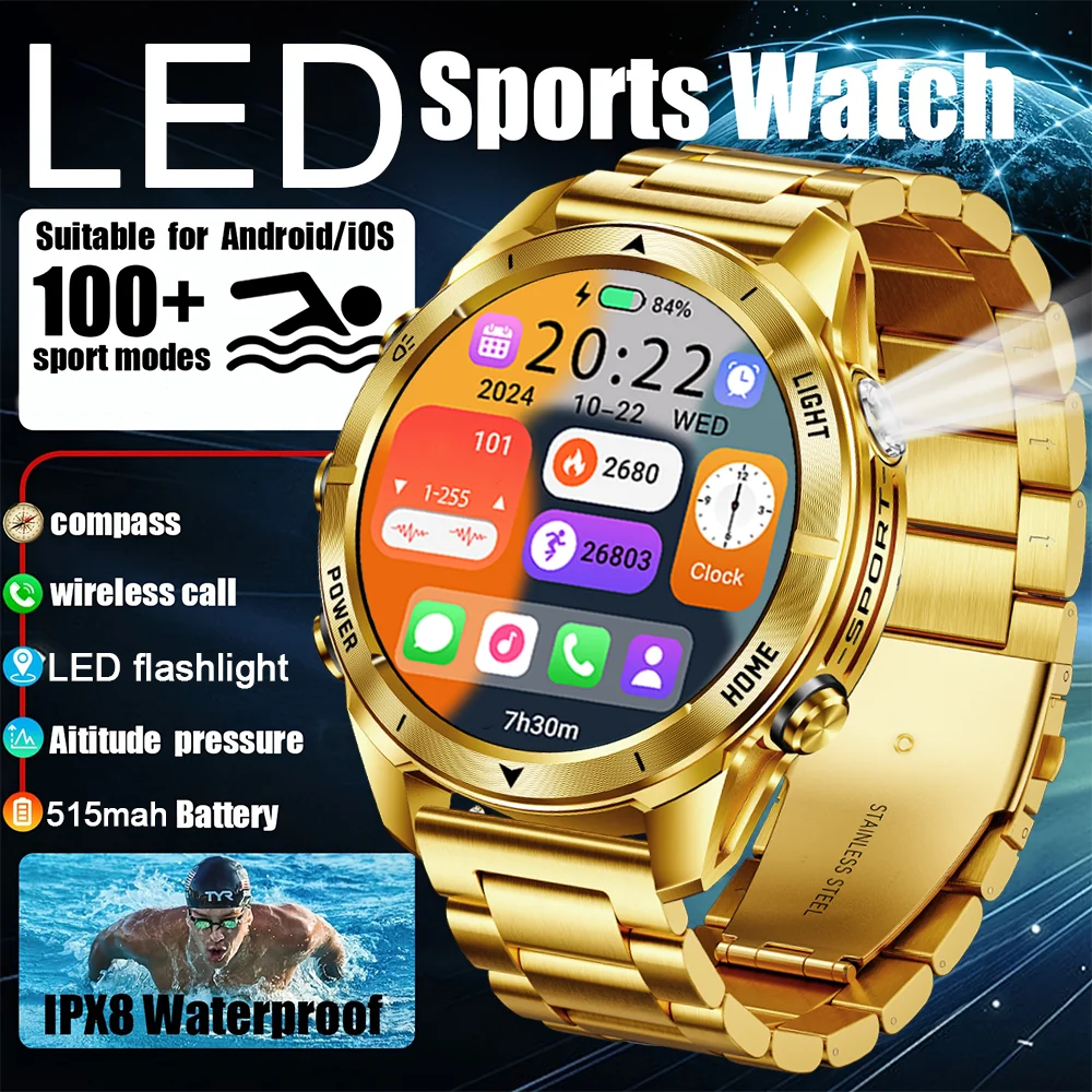 2025 Fashion LED Flashlight Smart Watch For Men Custom Watch Face Bluetooth Call Bracelet Sport Blood Oxygen Monitor Smartwatch