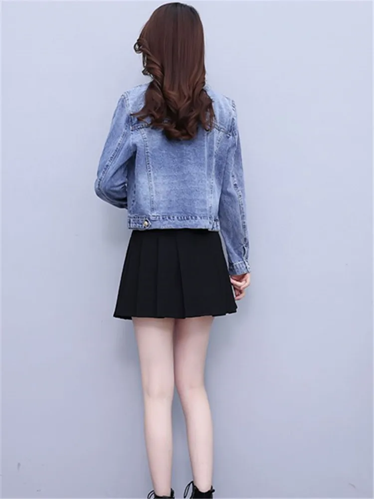 New Autumn Vintage Washed Blue Short Denim Jackets Women Casual Round Neck Single-row Concealed Buckle Female Jeans Jacket Coat