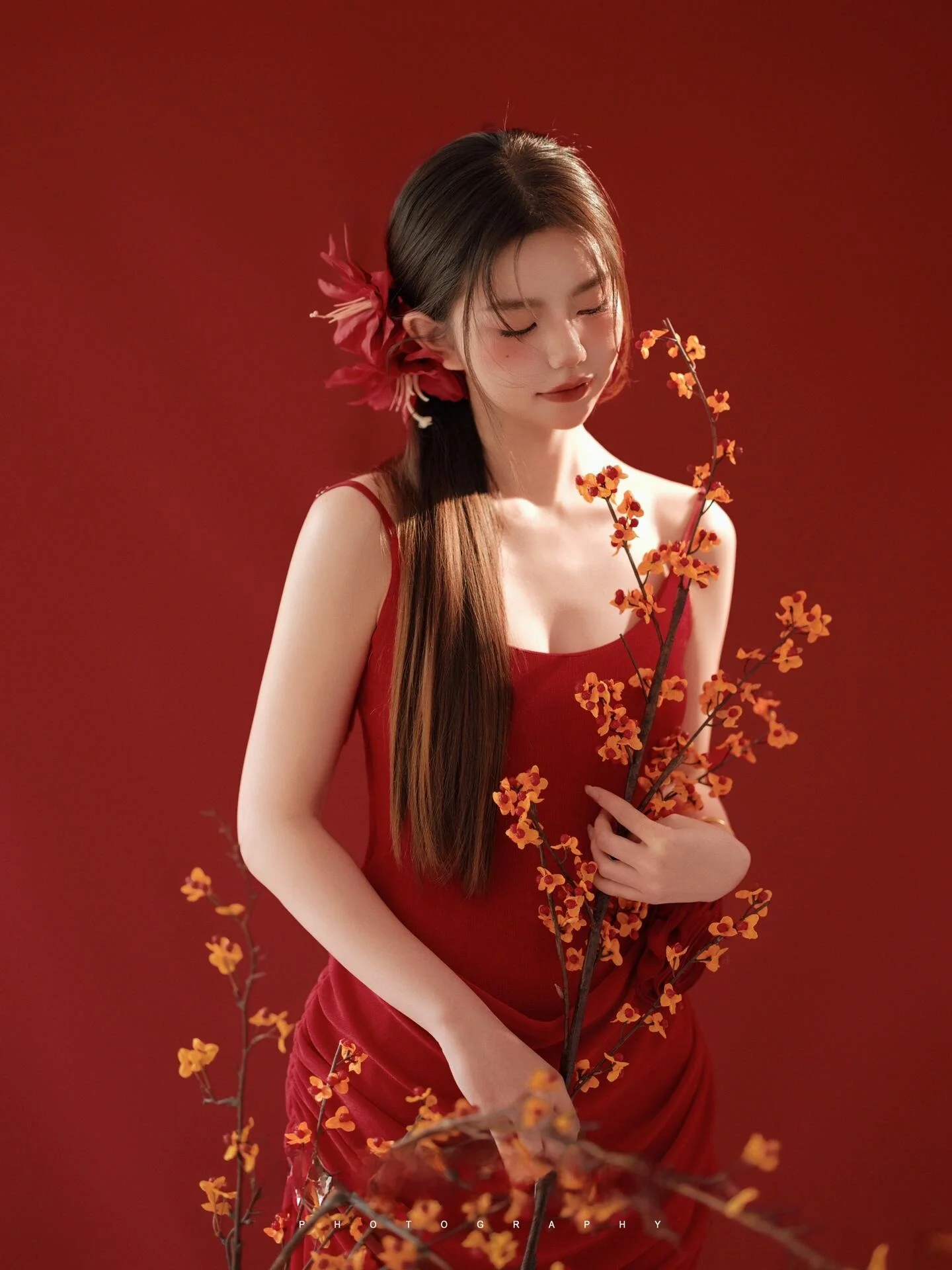 

New Vintage Chinese Red New Year Theme Photoaphy Costume for Girls Artistic Portrait Clothing Stage Performance Ethnic Wear