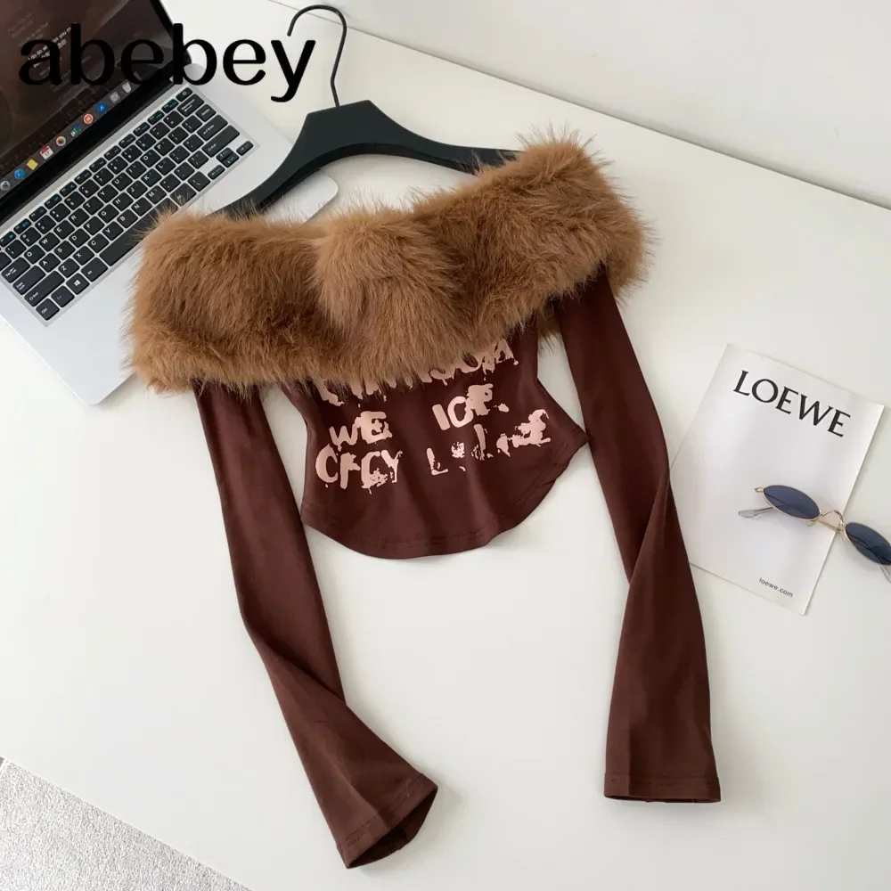 

Fur Collar Slash Neck Long-sleeved Women Slim-fit Printed Pattern Off-shoulder Short Top Trendy Hot Girl Winter T-shirt Women