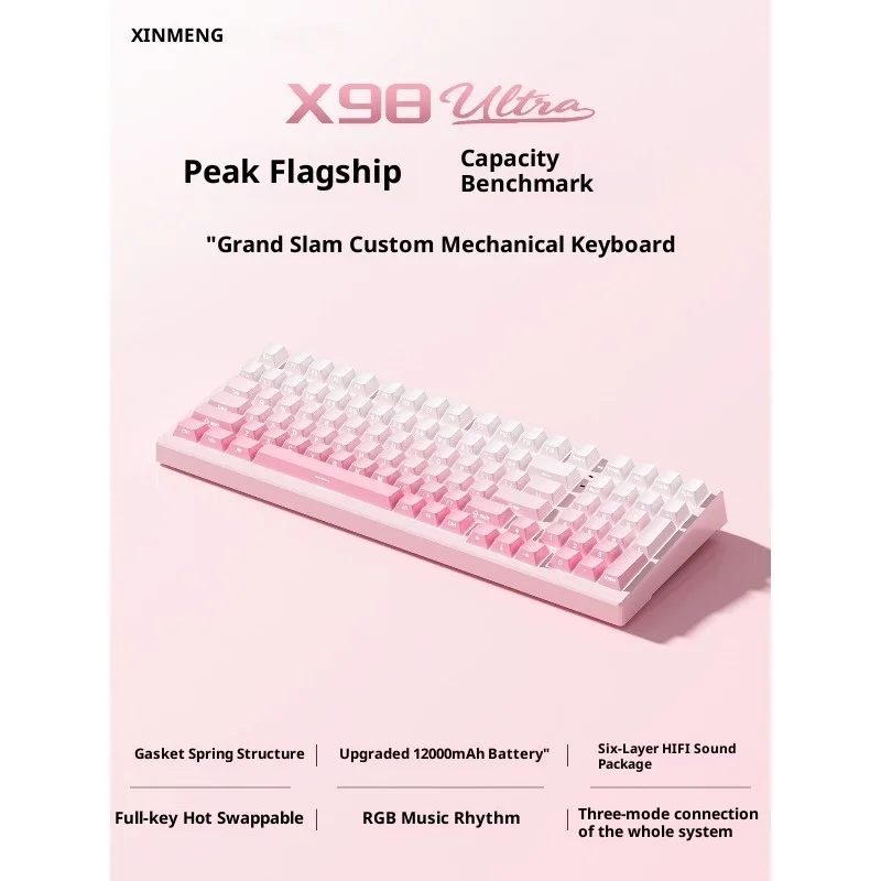 XINMENG X98 Ultra Hot Swappable Mechanical Keyboard, Tri-Mode Wireless, Gasket Mount, RGBCoconut White Switch, Gaming Keyboard