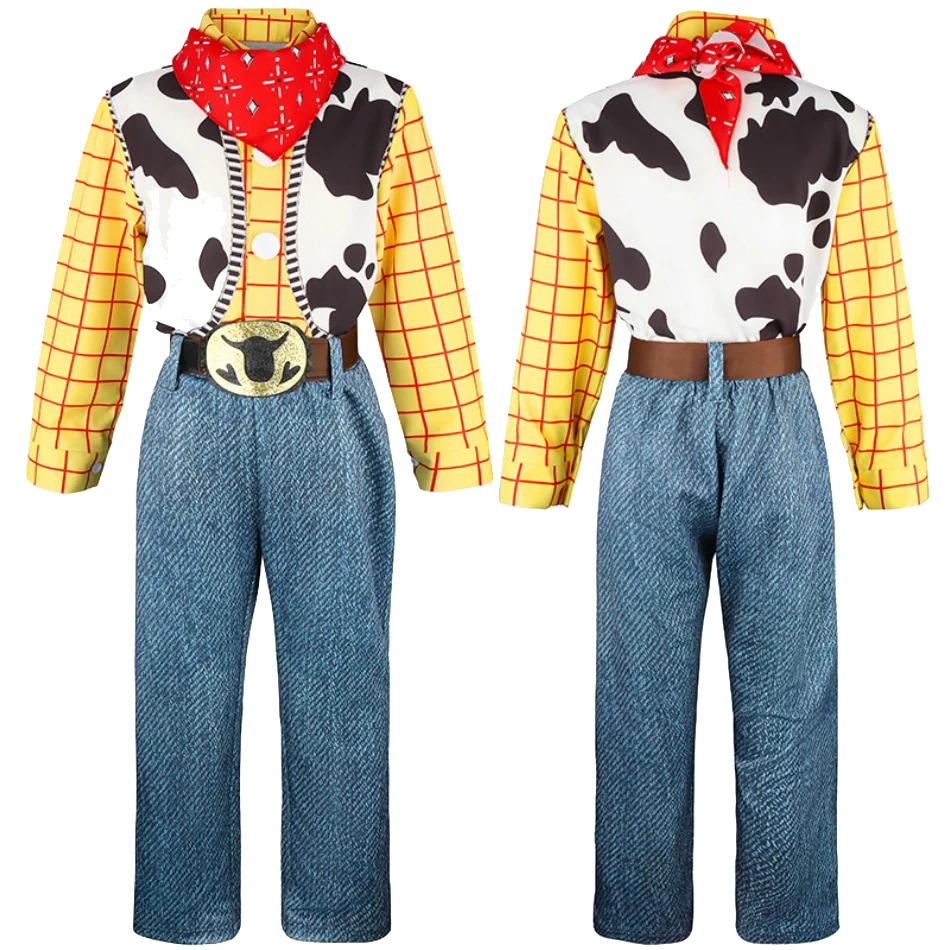 Kids Western Cowboy Costume Set Plaid Shirt Cow Print Vest Belt Bandana Boys Halloween Party Role Play Dress Up Outfit TAN06
