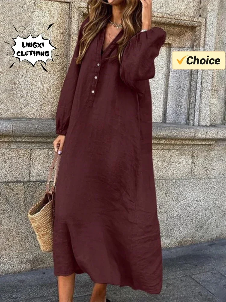 2024 Summer Fashion Cotton and Hemp Long Casual Solid Color Dress V-neck Elegant Half Open Front Women\'s Long Sleeved Robe