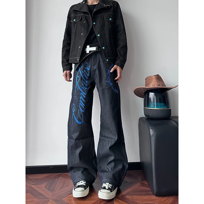 Trendy Street Style American Embroidered Wide Leg Jeans  Man's Straight Casual Neutral Long Trousers Comfortable Cotton Blend