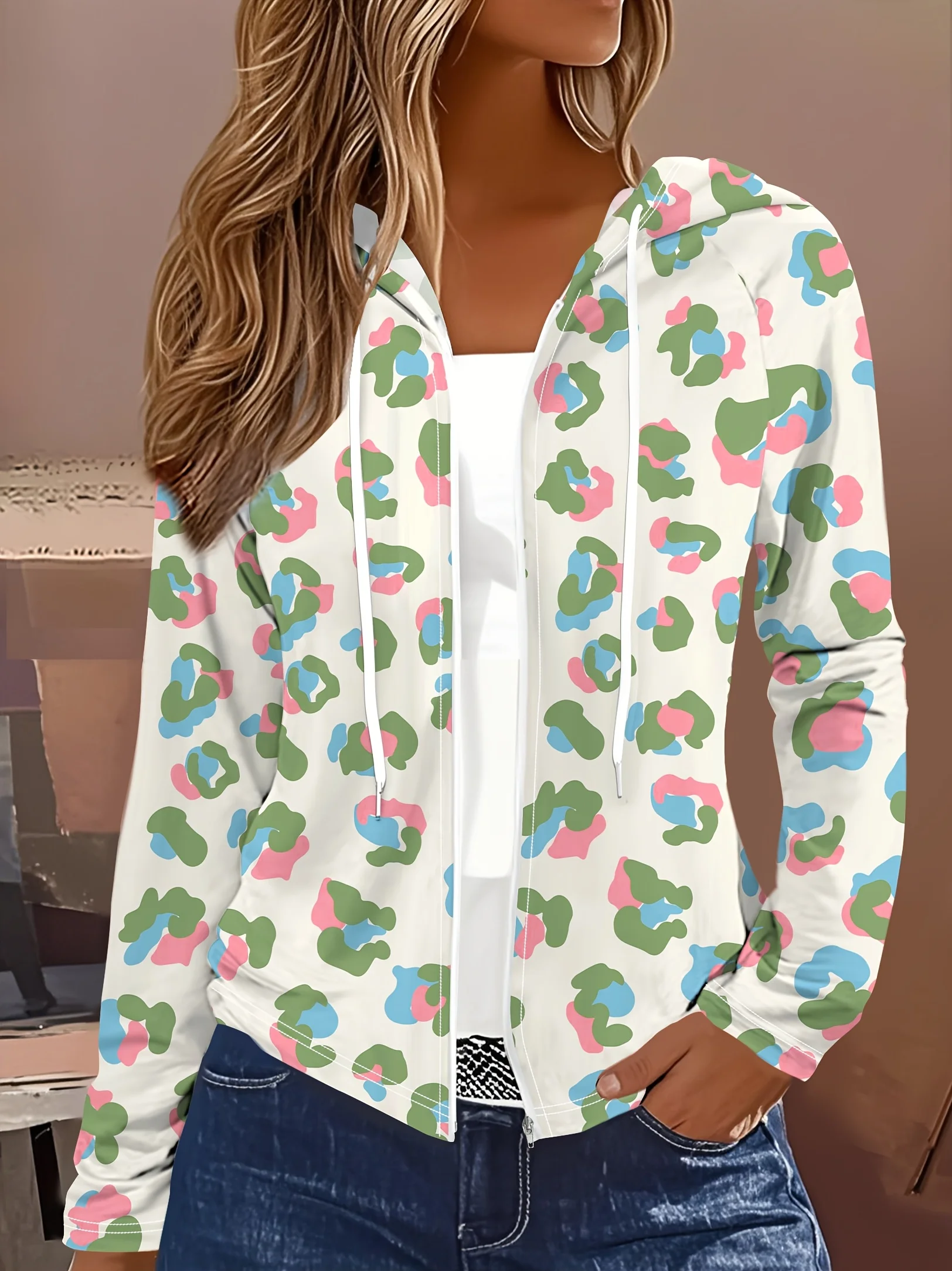 

Женская повседневная куртка с принтом в стиле весны и осени, красочный абстрактный узор, повседневный стиль.
