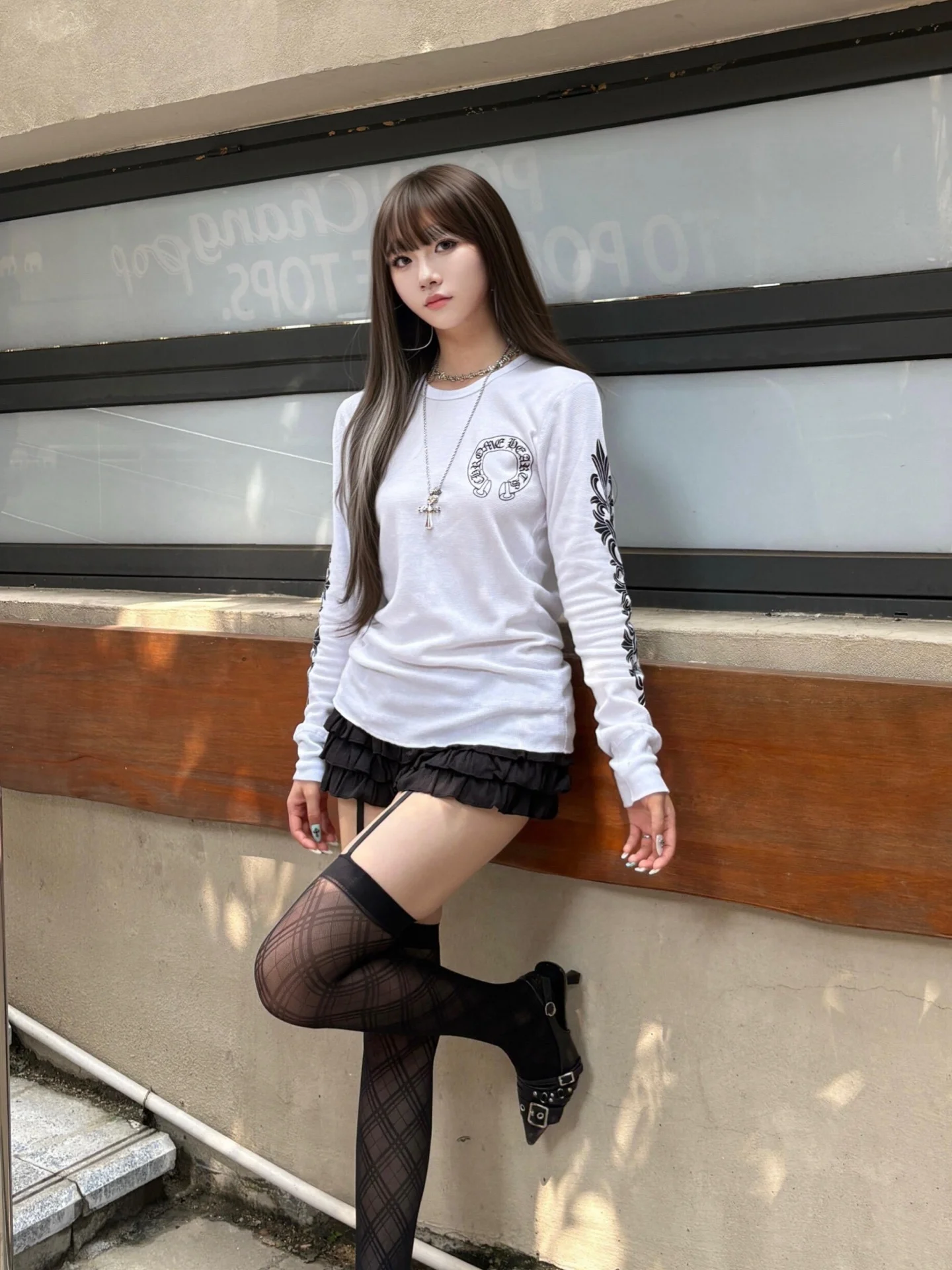 White Long Sleeve T-Shirt Women's Vintage Inner Wear Autumn Winter Double Arm Print Loose round Neck Base Shirt Spicy Girl ...