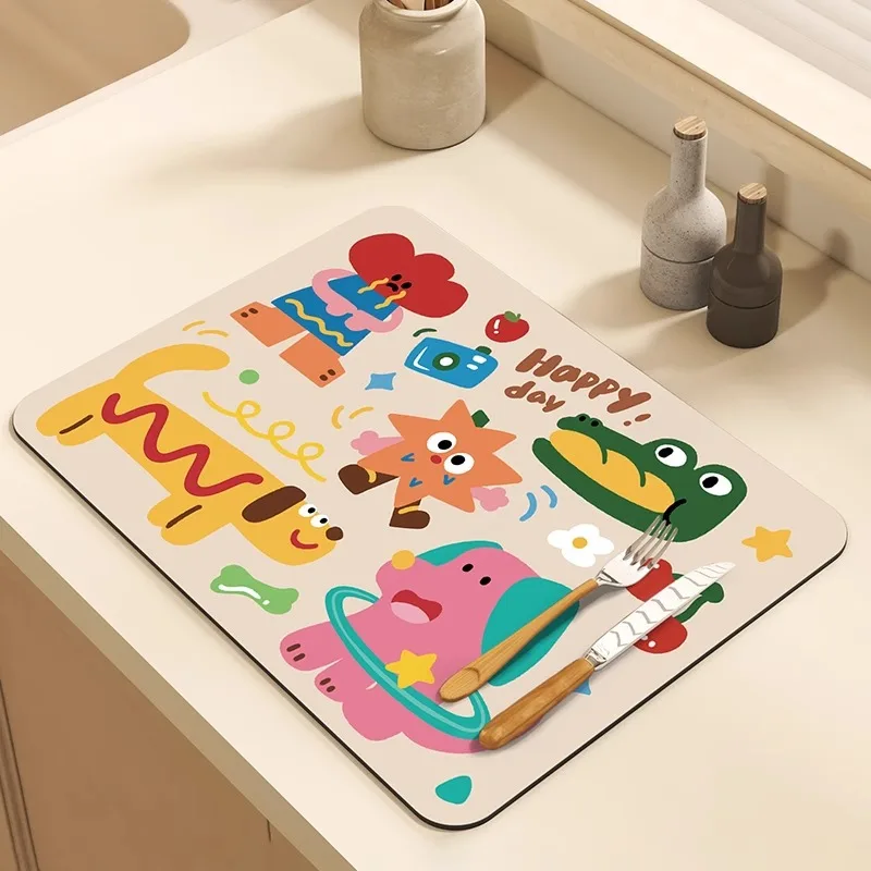 Super Absorbent Mat Enjoy Life Sign Cat Printed Cushion Dish Drying Pad Afternoon Tea Tableware Cushion Kitchen Mat