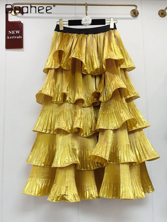 

European American Retro Style High-End Ruffled Tiered Skirt Women Fashionable Elegant High-Waisted Slim-Fit Long Midi Skirts