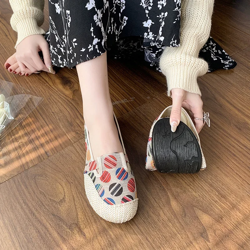 Casual Women Comfort Bohemian Lazy Shoes Female Slip on Flat Shoes Canvas Strap Straw Espadrilles Loafers