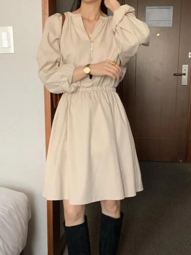 Chic Vintage Button up V-Ne Lose Elastische Taille Blase Sve Dr Damen Faion Frühling Herbst Winter Casual Street Sle