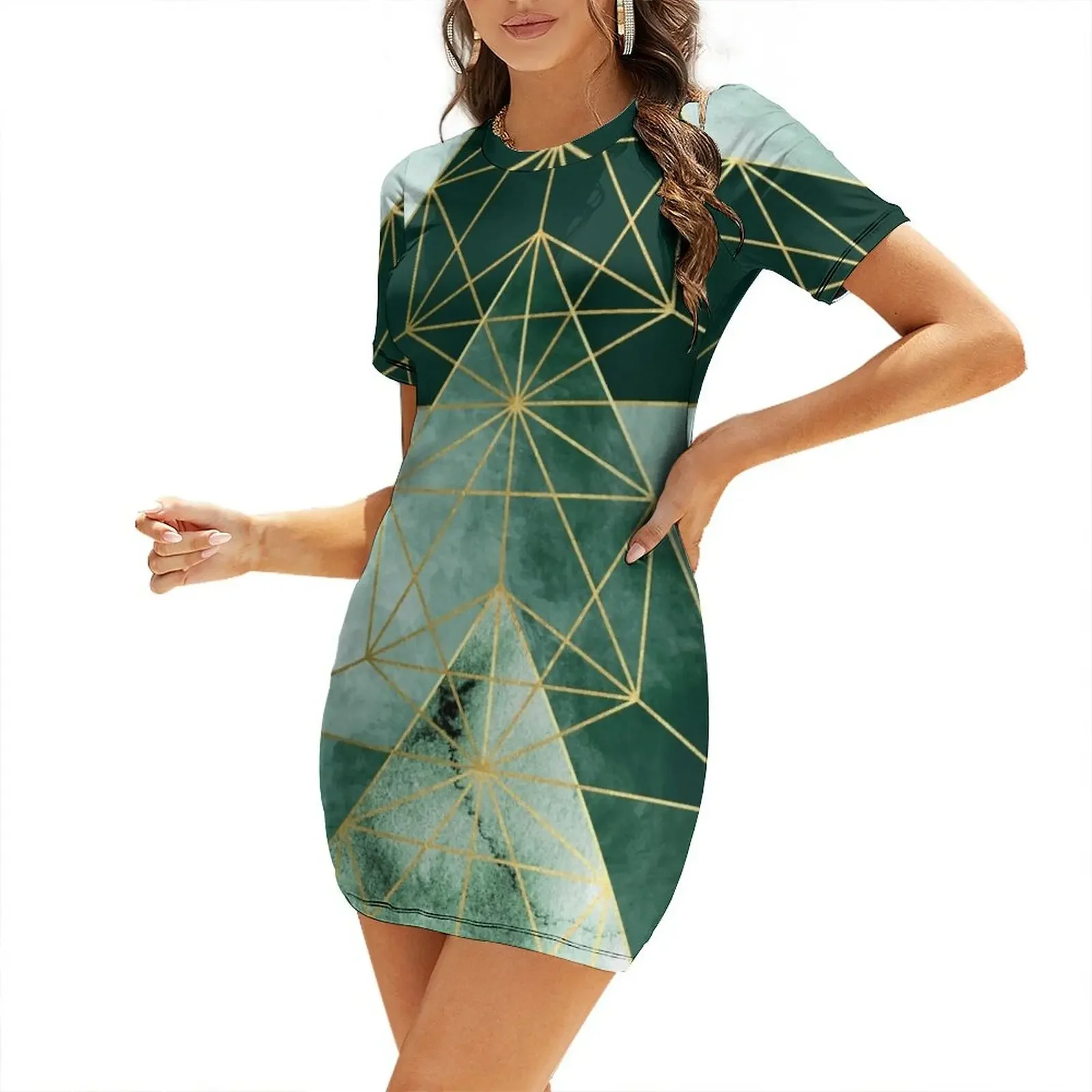

Green Geometric Short-Sleeved Dress women clothing 2025 new arrivals women clothes Party dresses for women Dress