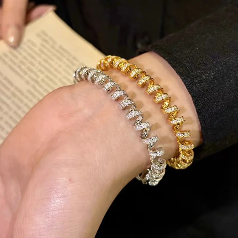 

2025 New S925 Luxury Fine Bangle Full Diamond Inscribed Wristband with Phone Line Winding Stylish Wristband for Sensory Class