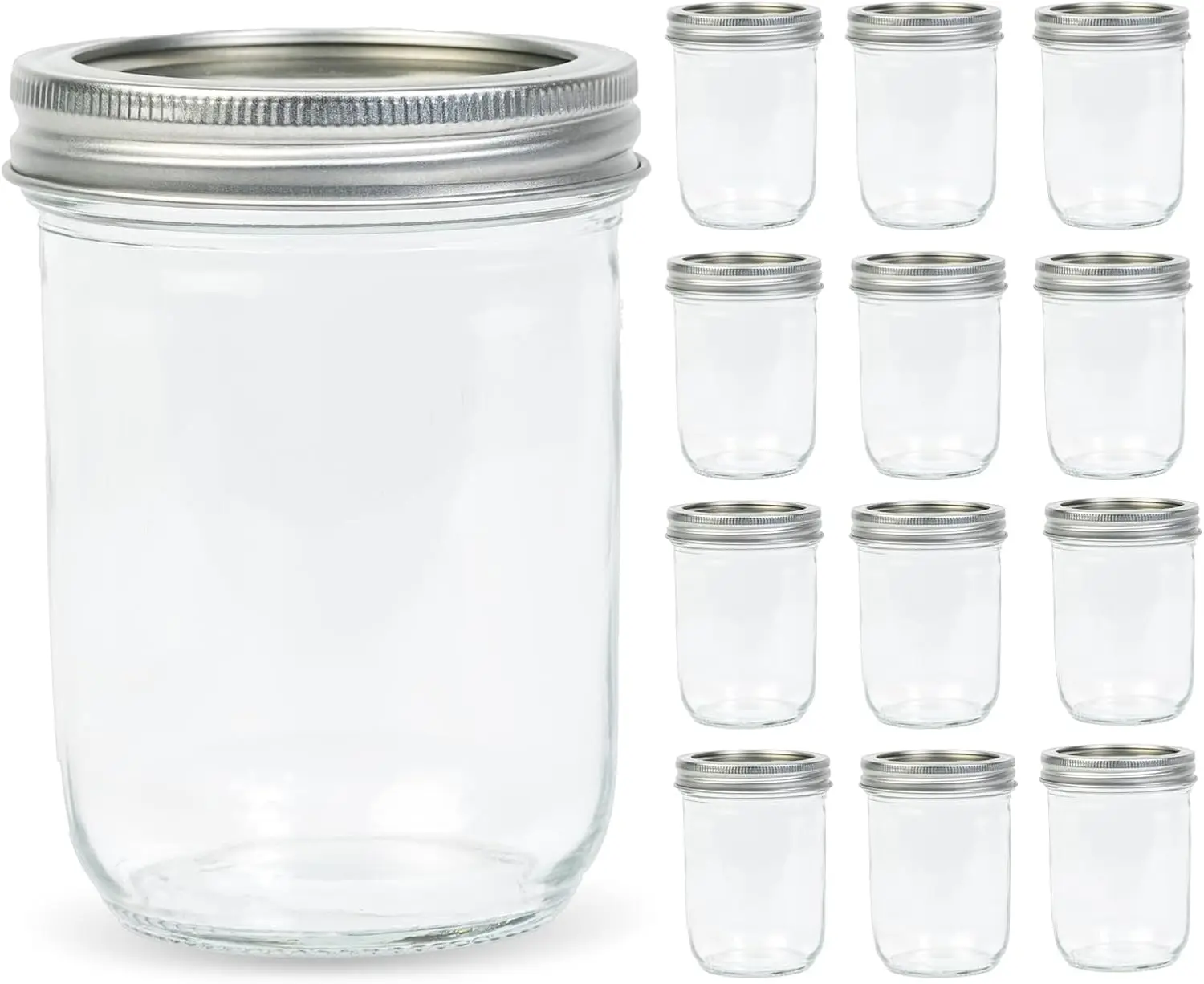 

12 Pack 16 oz Wide Mouth Clear Jars with Silver Metal Lids, Canning Jars for Overnight Oats, Food Storage, Dry Food, Snack