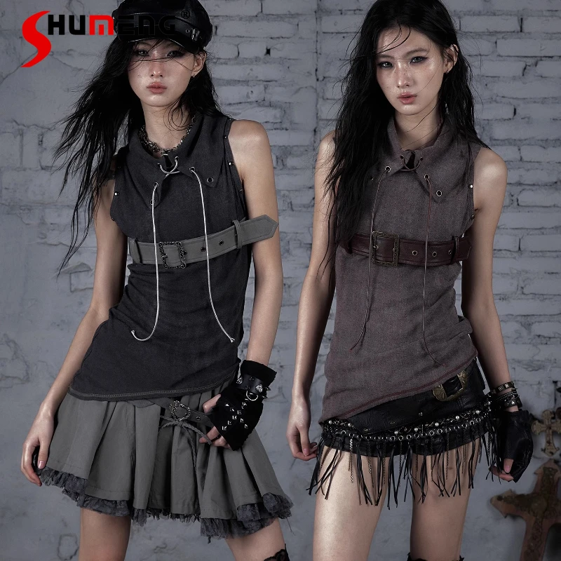 

Original Design Street Punk Style Slings Large Lapel Stitching Belt Knitted Sleeveless Elastic Vest Top Slim Fit Cool Camisoles