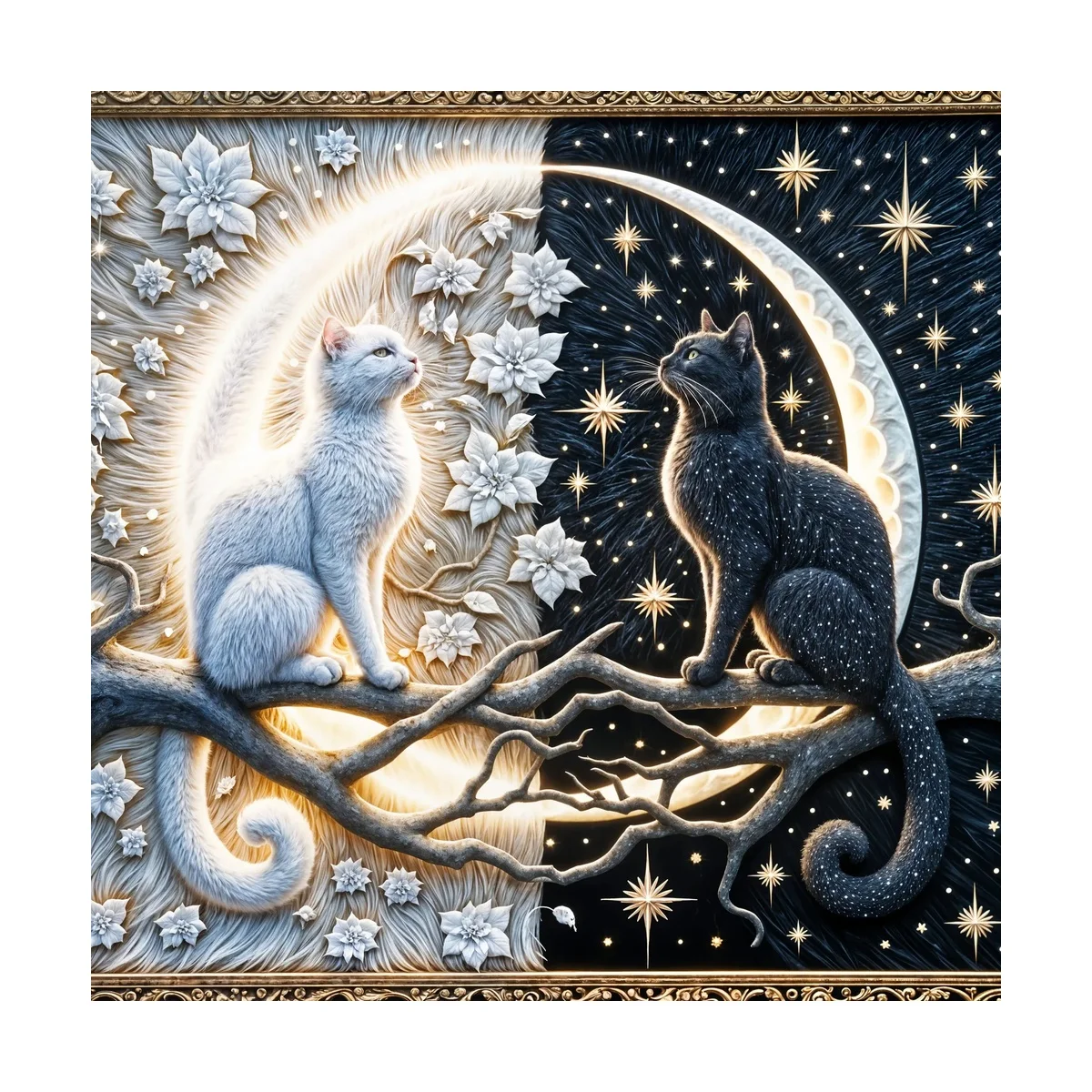 1 Stück 40x40 cm/15,74 Zoll, 11Ct/14Ct Kreuzstich-Set, DIY Valentinstagsgeschenk, Stickerei-Set für Festlichkeiten, Sonne, Mond, Katzen, Ast – Detail 4