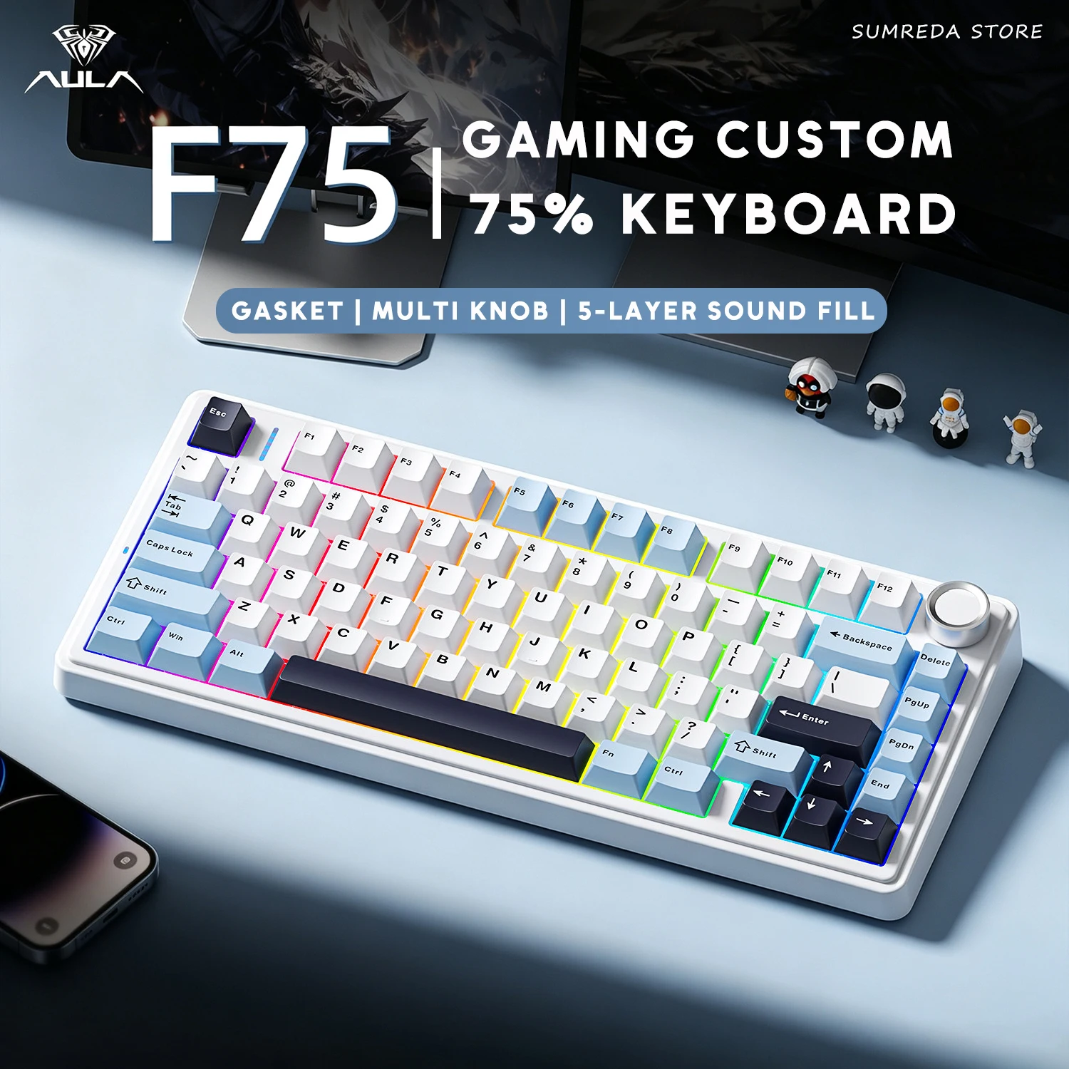 AULA F75 F75 Pro Gaming Wireless Mechanical Keyboard Bluetooth 2.4G Wired RGB Customized 75% Hotswap Gamer Non-contact keyboard
