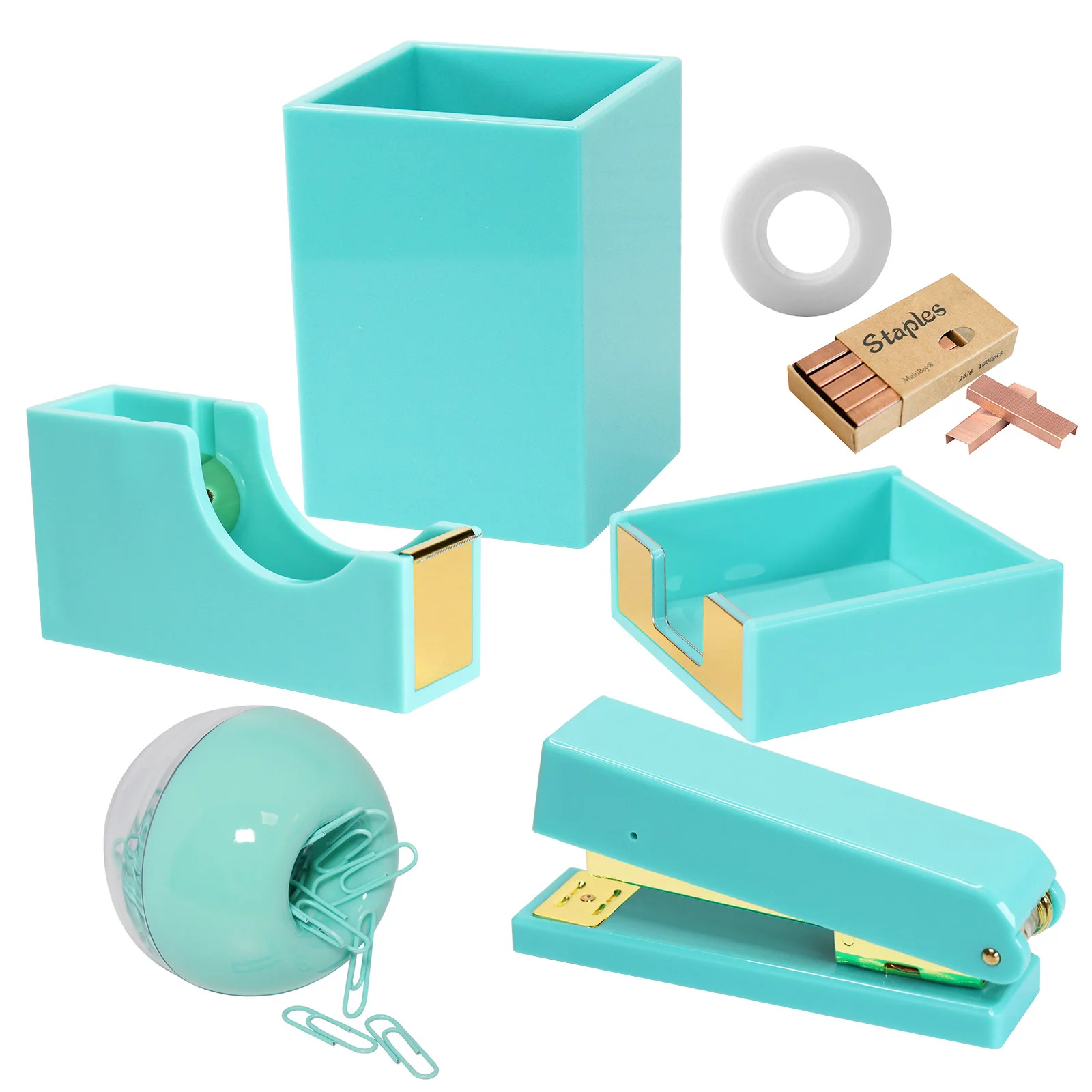 

Office Stationery Desk Organizers Set Aesthetic Rose Gold Stapler Tape Dispenser Blue Acrylic Office Accessories Desk Set