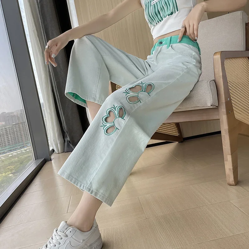 Jeans women's summer 2024 new embroidered flowers green hollow contrast loose narrow straight girls wide-leg pants. women jeans