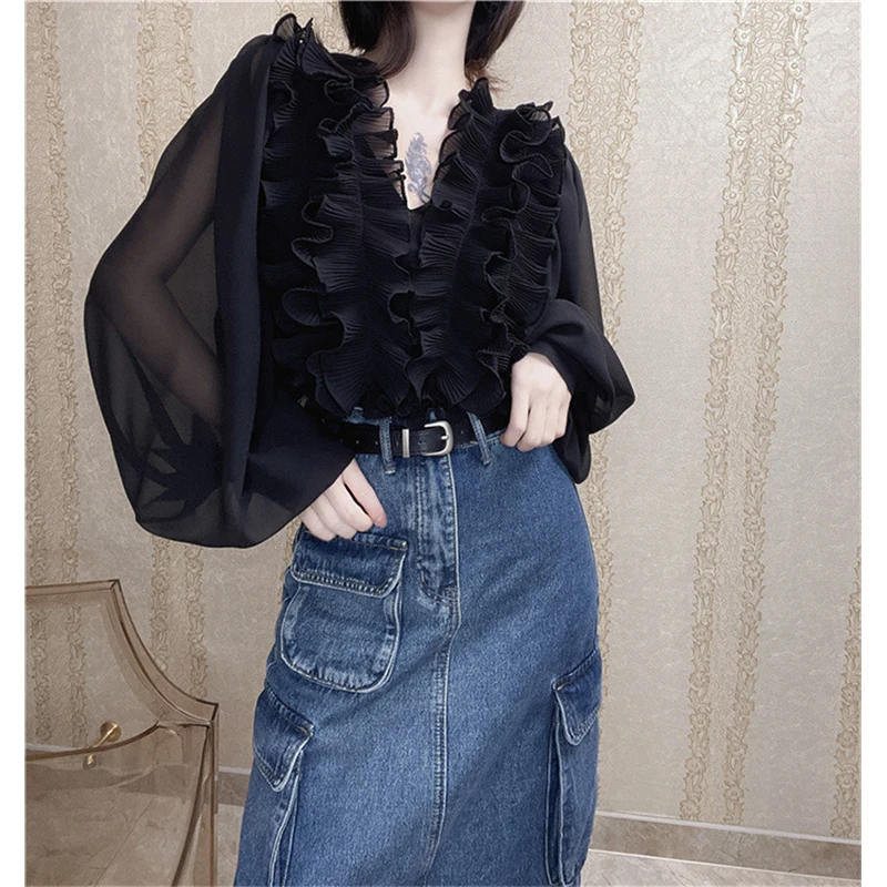 

Elegant Black Chiffon Shirts Women Fashion Cropped V Neck Ruffles Blouses Summer Ladies Korean Lantern Long Sleeve Design Tops