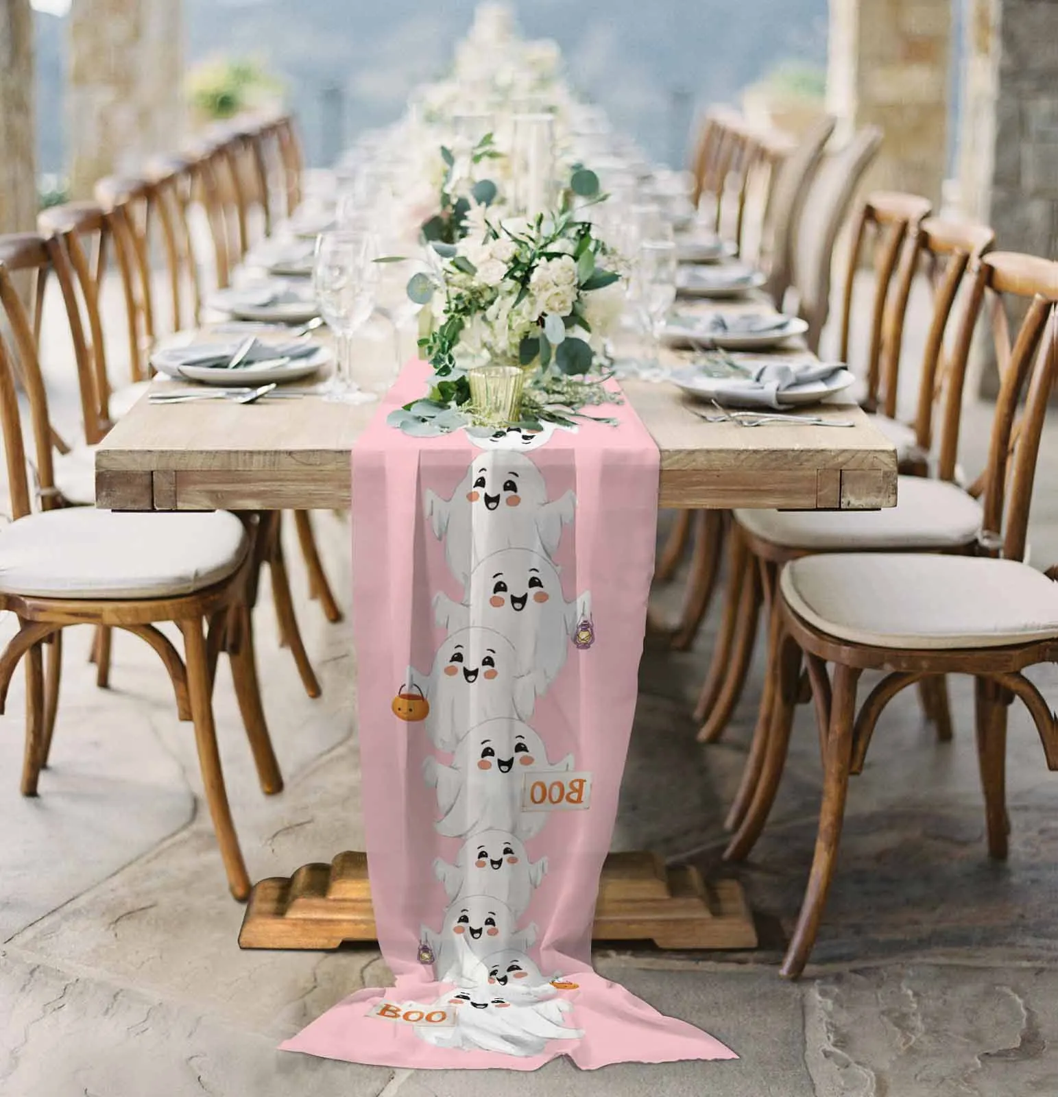 

Halloween Cute Ghost BOO Sheer Chiffon Table Runner Wedding Party Birthday Tulle Voile Tablecloth