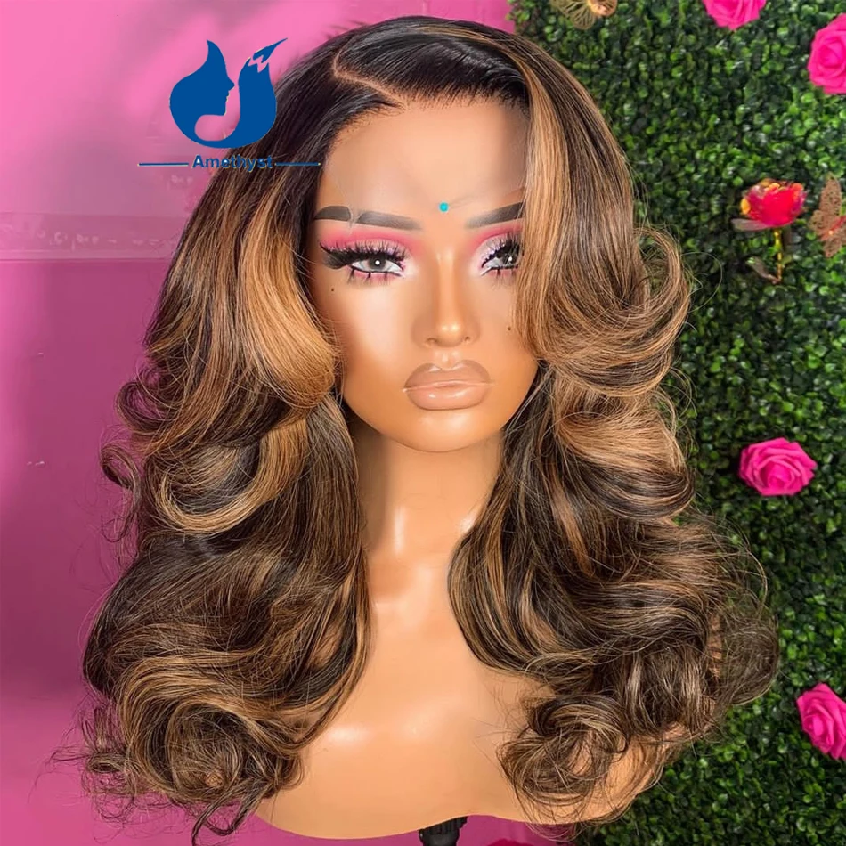 Amethyst Side Part Highlight 13x4Lace Front Human Hair Wig For Women Brazilian Remy Hair Body Wave Silk Top Lace Closure Wig