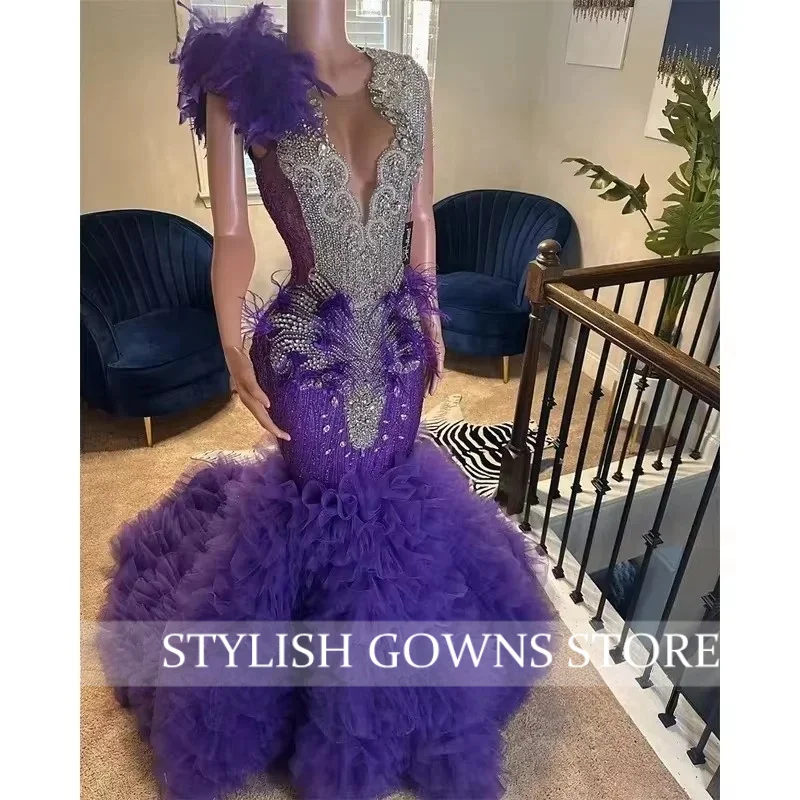 

Luxury Long Prom Dresses 2026 Customized Pruple Beading Diamonds Crystal Senior Birthday Party Gowns With Ruffles Tiered Robe