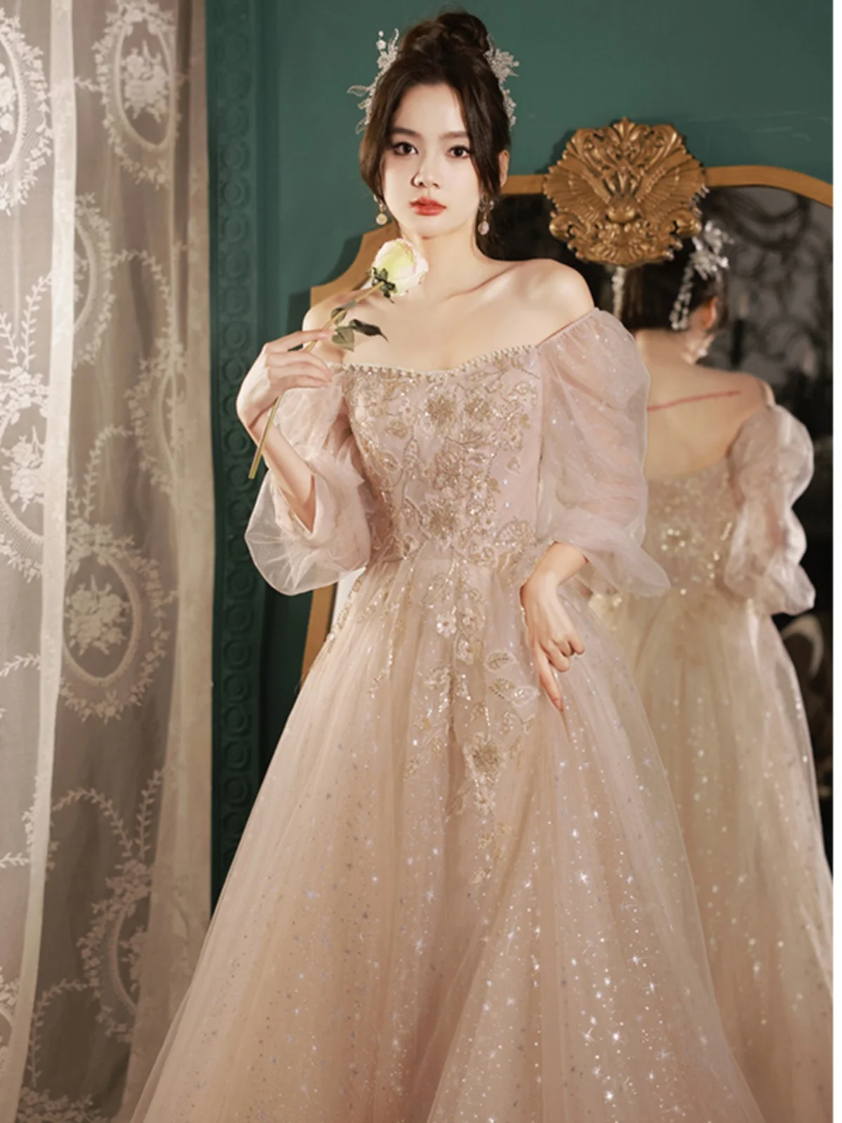 

Вечернее платье цвета шампань на одно плечо для подружки невесты/ведущей, роскошное, высококачественное, для свадебных торжеств и выступлений, с длинной юбкой