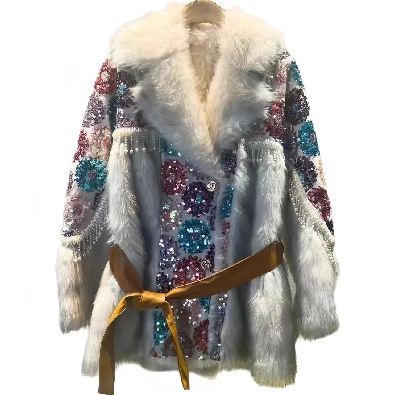 Cappotto in pelliccia sintetica per le donne, giacca con paillettes, cappotto lungo allentato, abbigliamento femminile spesso caldo, nuova moda, alta qualità, inverno