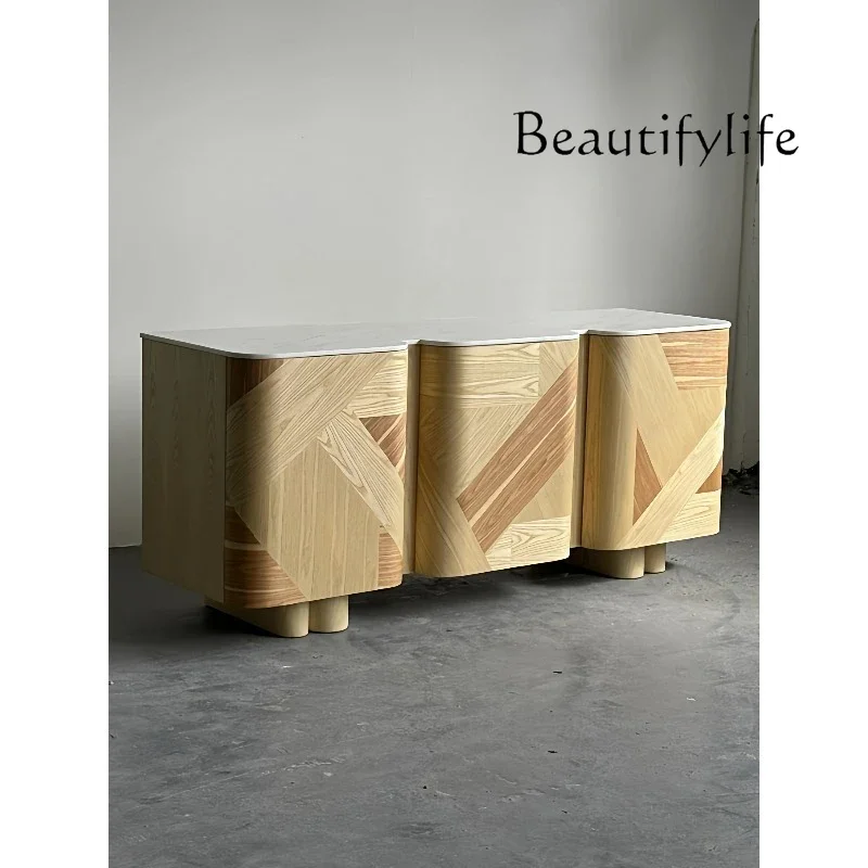 

Y Medieval Log Style Designer Home Natural Marble Countertop Solid Wood Dining Side Cabinet Creative Design