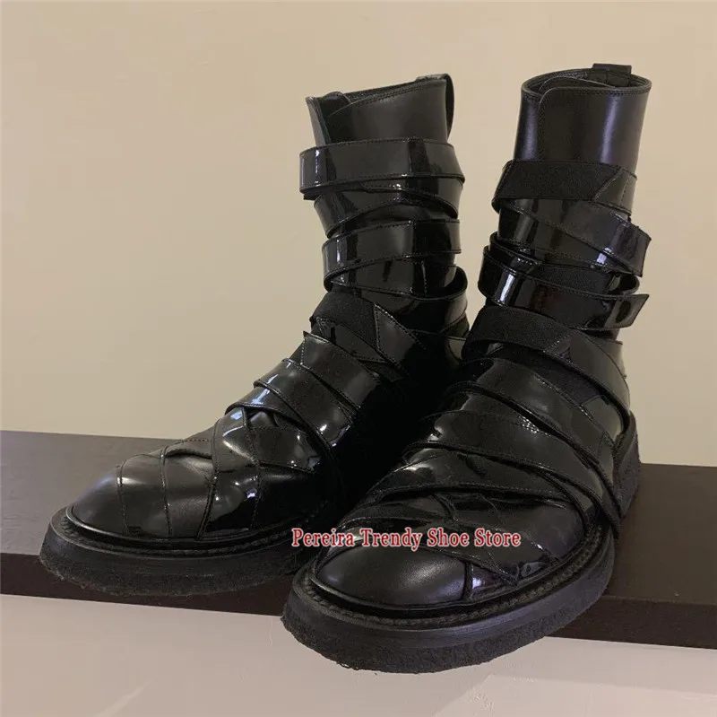 Autumn Winter New Black Patent Leather Cross Strap Short Boots Trendy Round Toe Side Zipper Chelsea Booties Party Banquet Shoes