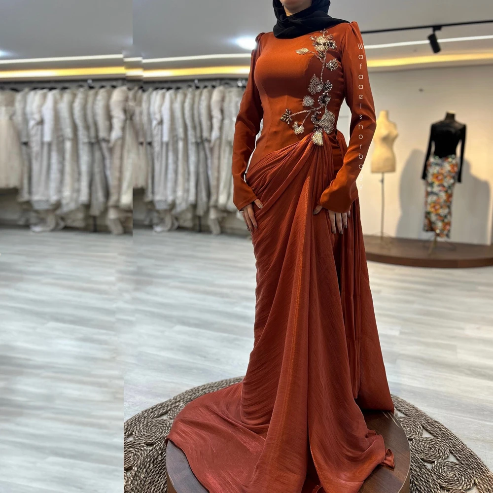 

Customized Exquisite Drapped Hijab Evening Dresses Beading Embellishment Muslim Evening Gown High Neck Long Sleeve Mermaid Abiye