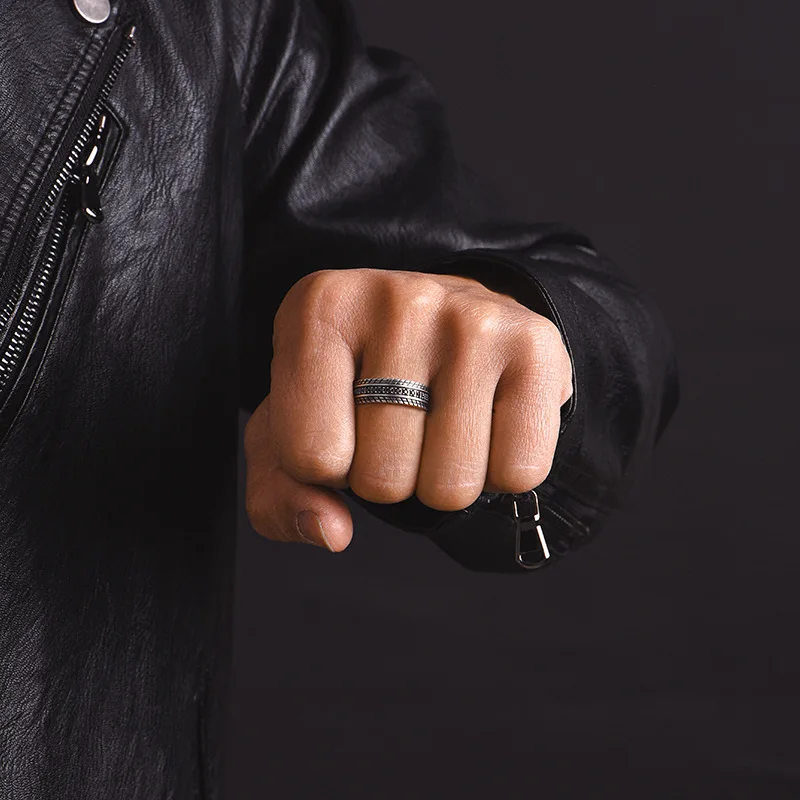 Temperament Thai Silver Ring For Men Simple Geometry Black Line Rings Trendy Vintage Jewelry Boy Friend Gift KOFSAC