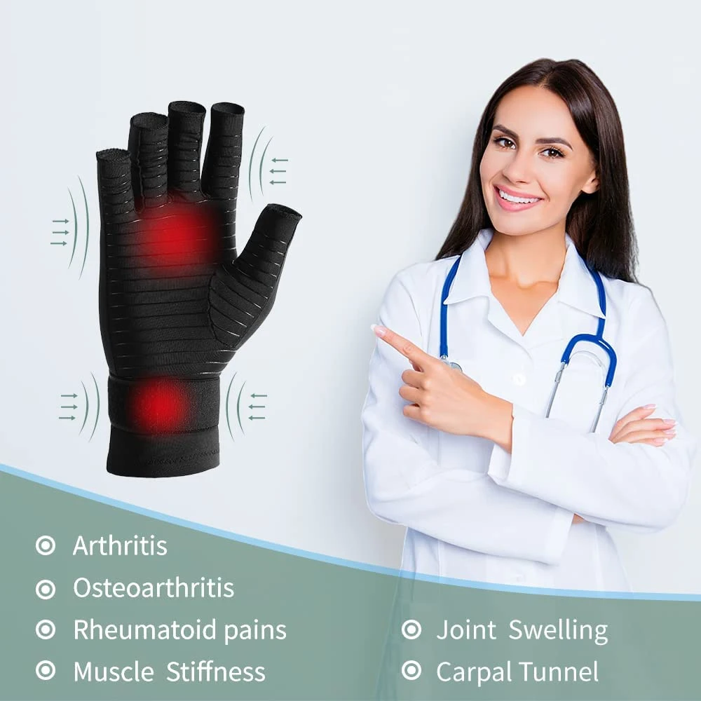 1Pair Copper Arthritis Compression Gloves Women Men Relieve Hand Pain Swelling and Carpal Tunnel Fingerless for Typing