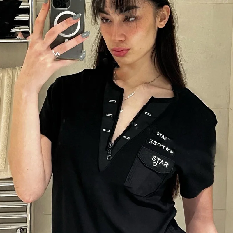 Vintage American Retro Black V-Neck Short Sleeve T-Shirt Women's Trendy Summer Top Street Style Pure Color Versatile