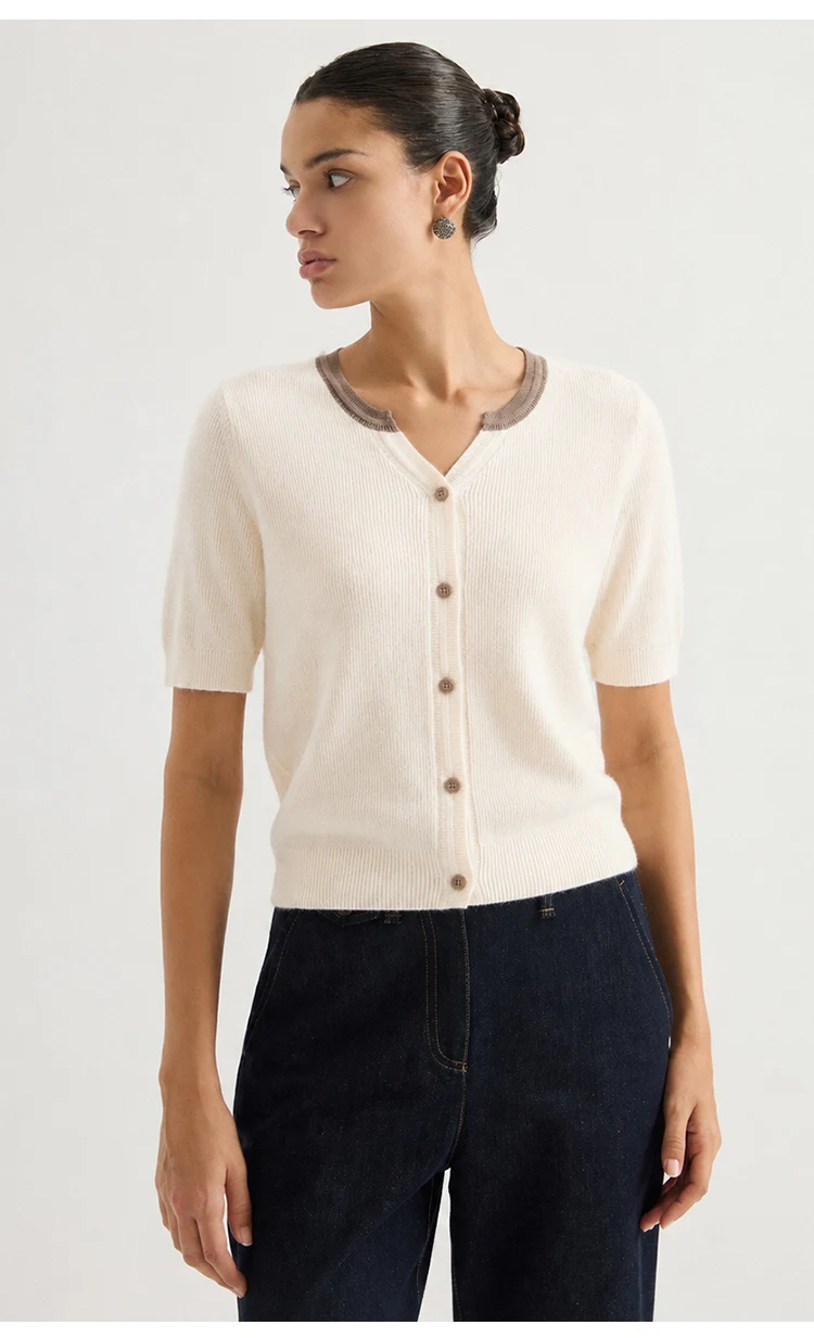 ML62125 Damen Schicker V-Ausschnitt Kurzarm Strickjacke mit Knopfleiste, gerippt, aus Modal-Mischgewebe, Frühherbst-Pullover – Detail 5