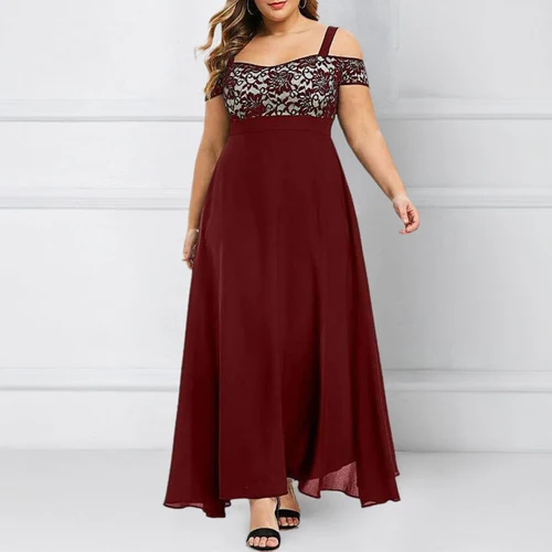 Vestido de talla grande para mujer, elegante, de encaje, con hombros descubiertos, Bandeau de gasa, Maxi vestido acampanado para mujer, vestido de fiesta de noche, cóctel, talla 1XL-6XL