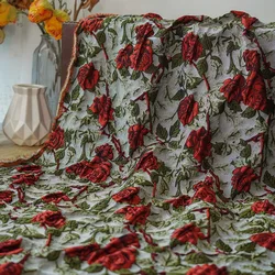 Retro Embossed Red Rose Yarn Dyed Jacquard Fabric Luxury Dress Luggage Bag Diy Sewing Fabric 50cmx140cm
