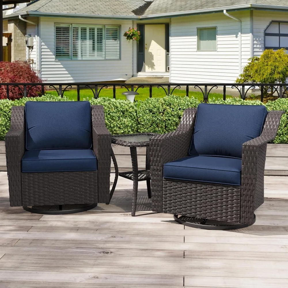 Cadeiras de balanço giratórias de 3 peças ao ar livre com mesa lateral combinando, conjunto de móveis de pátio com almofadas de assento premium de 4" para jardim