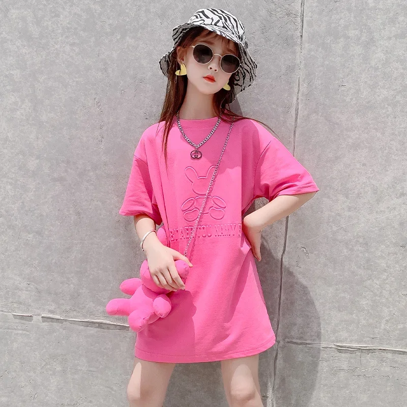 Dress Girls T-shirt Casual Cartoon Solid Summer New Short Sleeve Long T-shirt Loose Fashion Children\'s Clothing Mid-length Tops