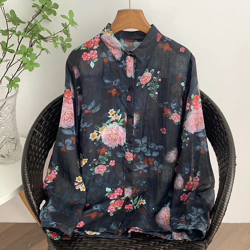 

Винтажные рубашки на пуговицах с отложным воротником и цветочным принтом, блузки, женские элегантные кардиганы в стиле бохо, весенне-осенний кардиган, топы