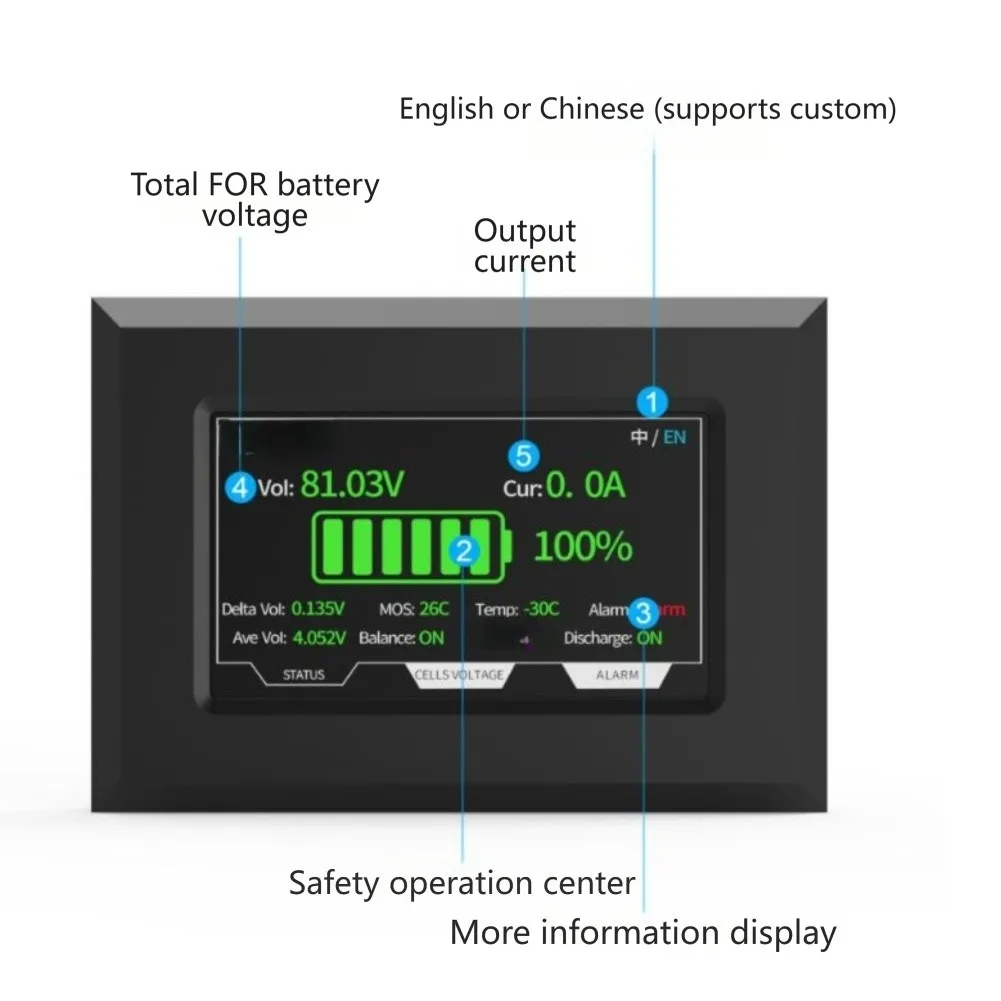 4.3 Inch LCD Screen For Battery Protection Board With Voltage Monitor Temperature Alarm Auto Balance Mode Easy Install Black