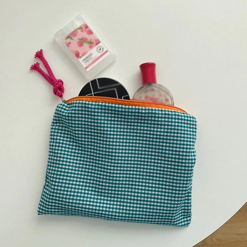 Women Girls Plaid Makeup Bag Cotton Linen Cosmetic Bag With Zipper Pouch Simple Portable Large Capacity Storage Bag Fashion INS