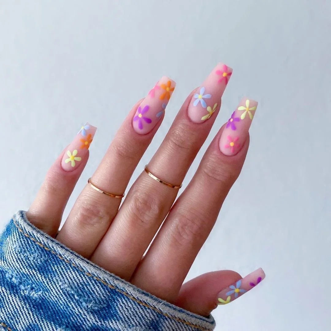 Faux ongles longs cercueil ballerine française rose, couverture complète, design petite fleur, presse sur les pointes des ongles, poignées amovibles, N64